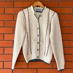 Vtg SUSAN BRISTOL Hand Embroided Button Front Cardigan Sweater Flowers Size L